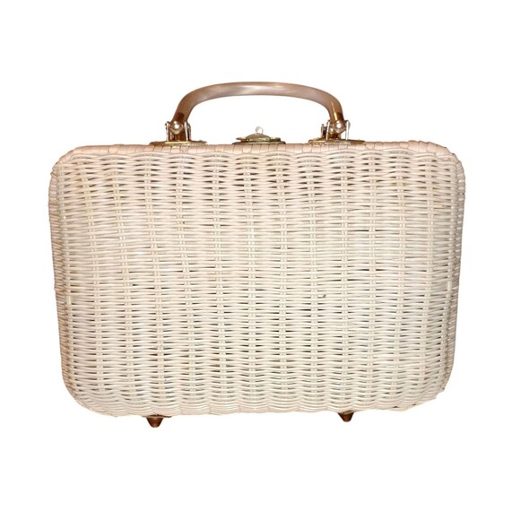 Vintage White Wicker Purse w/Pearl Lucite Handles Mid Century Modern Hong Kong - Picture 4 of 16